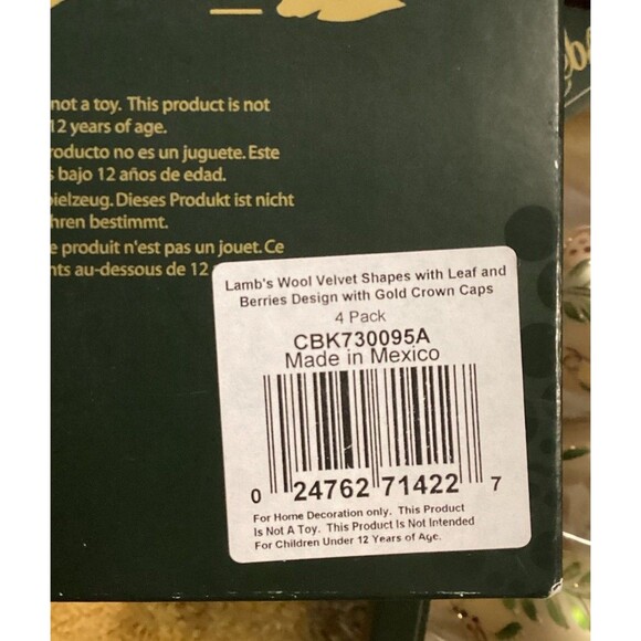 Krebs Christmas Glass Bulb Ornaments Gold Lambs Wool Velvet With Leaf & Berries - Picture 5 of 8